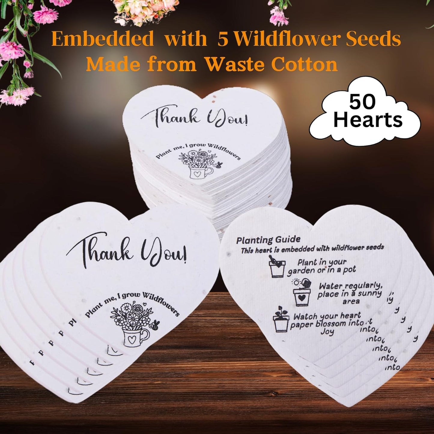 50 Plantable Seed Paper Hearts - Thank You Cards 2.5in x 2in | Handmade Seed Paper Embedded with Wildflower Seeds | Party Favors | Wedding Favor | Small Business Thank You Cards
