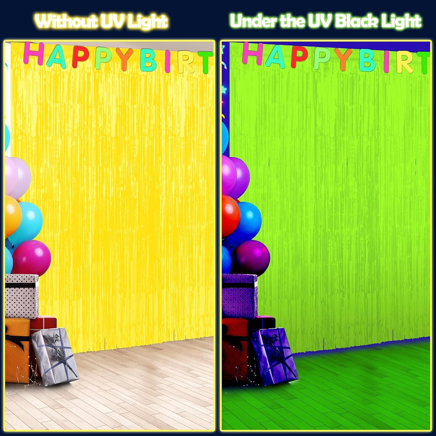 3 Pack 3.3Ft x 6.6Ft Yellow Glow in The Dark Foil Fringe Curtain Backdrop Party Supplies, Fluorescent Macaron Metallic Tinsel Foil Streamers Curtain Photo Booth for Neon Birthday Party Decorations