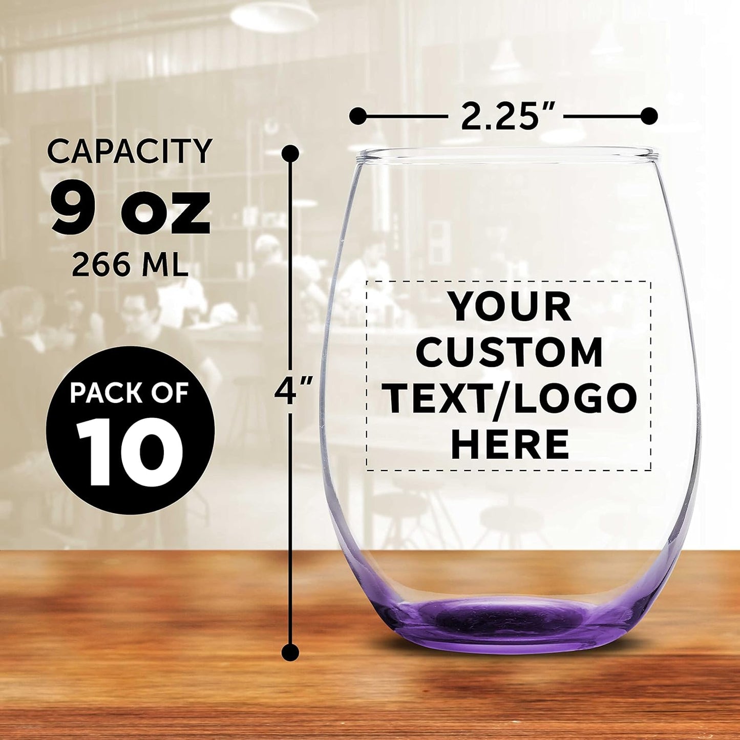 Custom Stemless Wine Glass 9 oz. Set of 10, Personalized Bulk Pack - Great for Wedding Favors, Bachelorette Party Decorations, Party Favors, Color Bottom - Purple