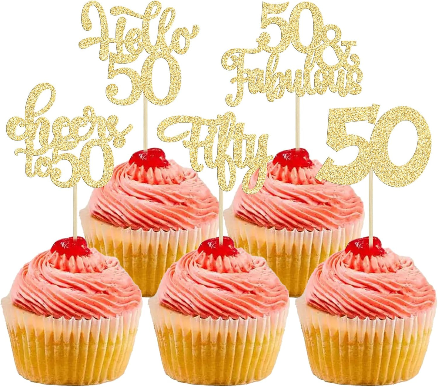 30Pcs Happy 50th Birthday Cupcake Toppers Gold Glitter Fifty Cheers to 50 Years Old Birthday Cupcake Picks for 50th Birthday Anniversary Party Cake Decorations Supplies