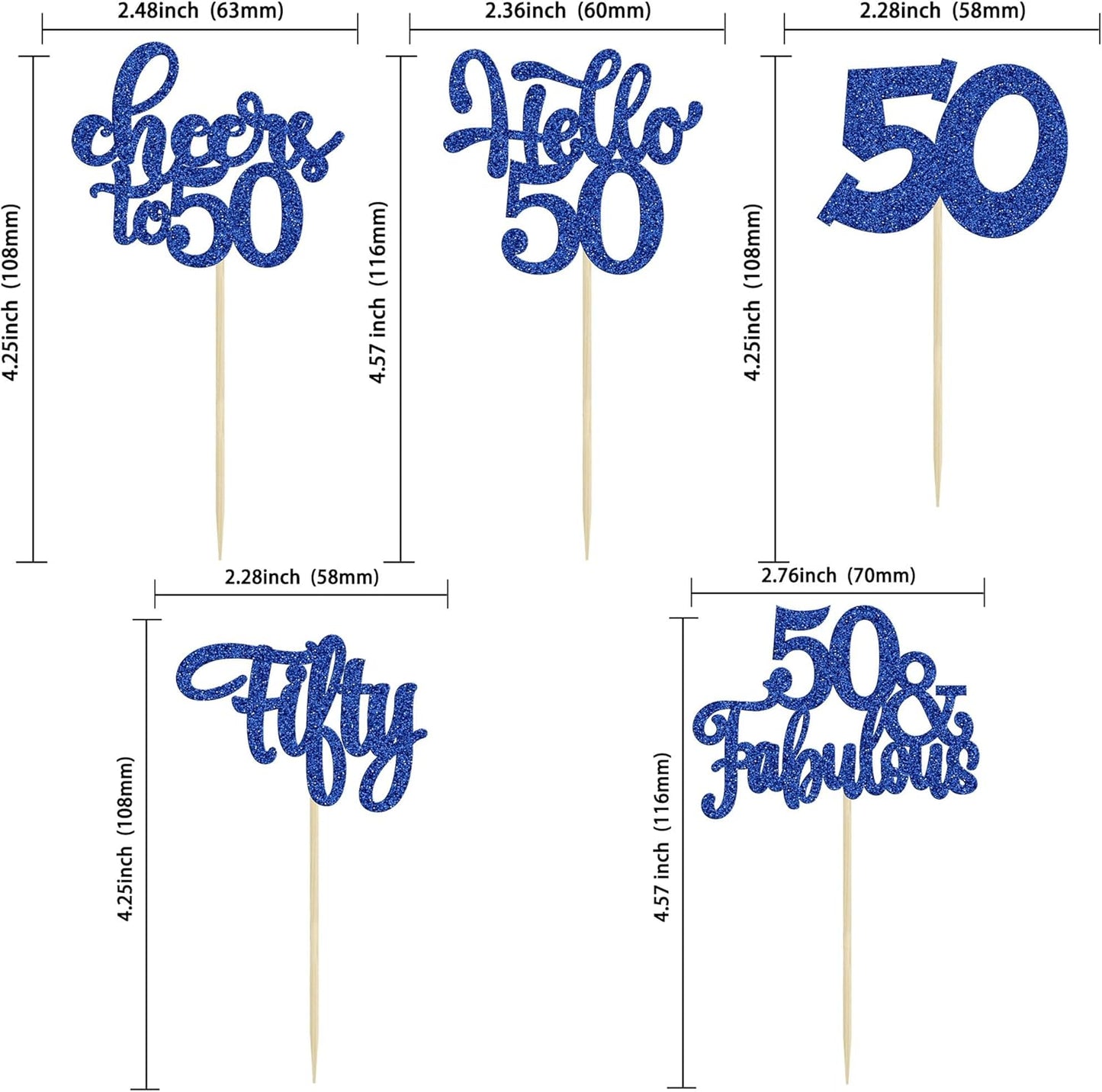 30Pcs Happy 50th Birthday Cupcake Toppers Deep Blue Glitter Fifty Cheers to 50 Years Old Birthday Cupcake Picks for 50th Birthday Anniversary Party Cake Decorations Supplies