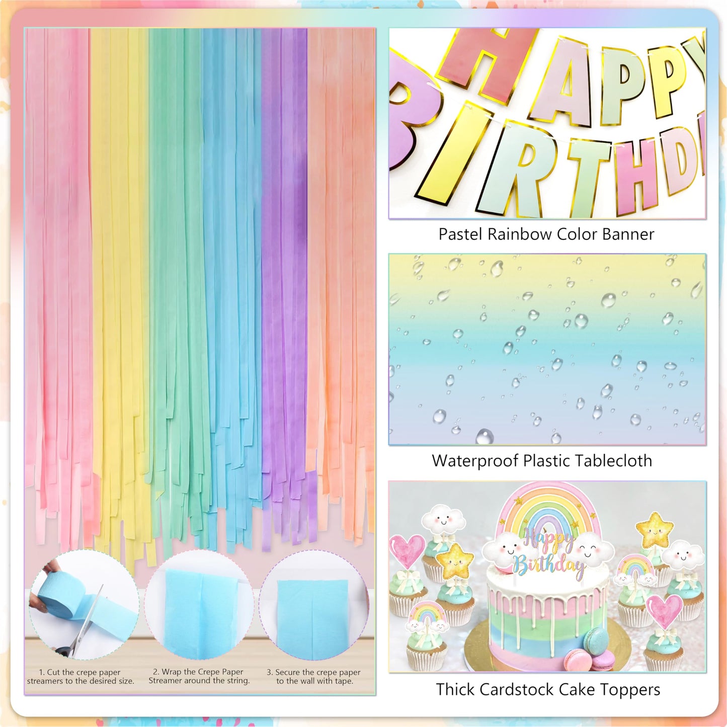 THAWAY Pastel Rainbow Birthday Decorations 182Pcs Rainbow Party Supplies