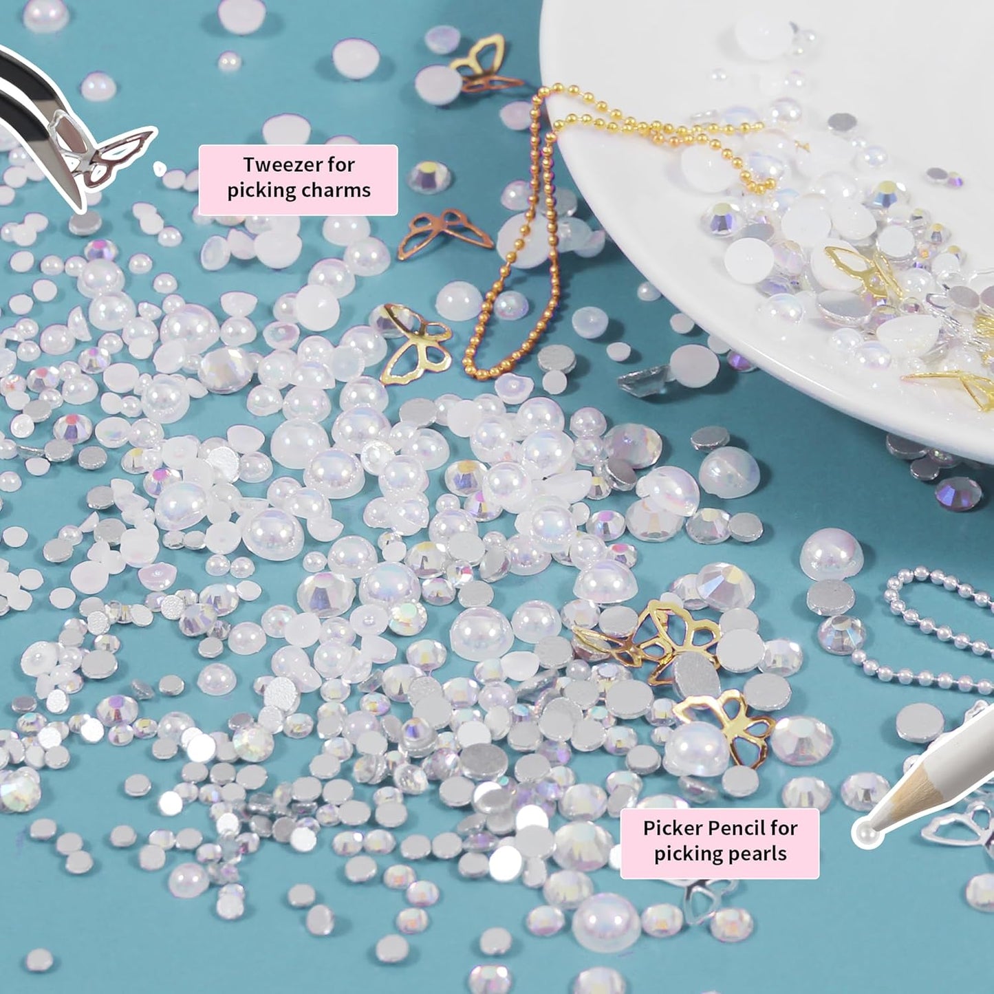 Artdone Nail Art Studs Kit, 2 boxes Multicolor 3D Charms Flower Butterfly Snake Rabbit Diamond Cute Nail Jewels for DIY Decoration with Pickup Tools