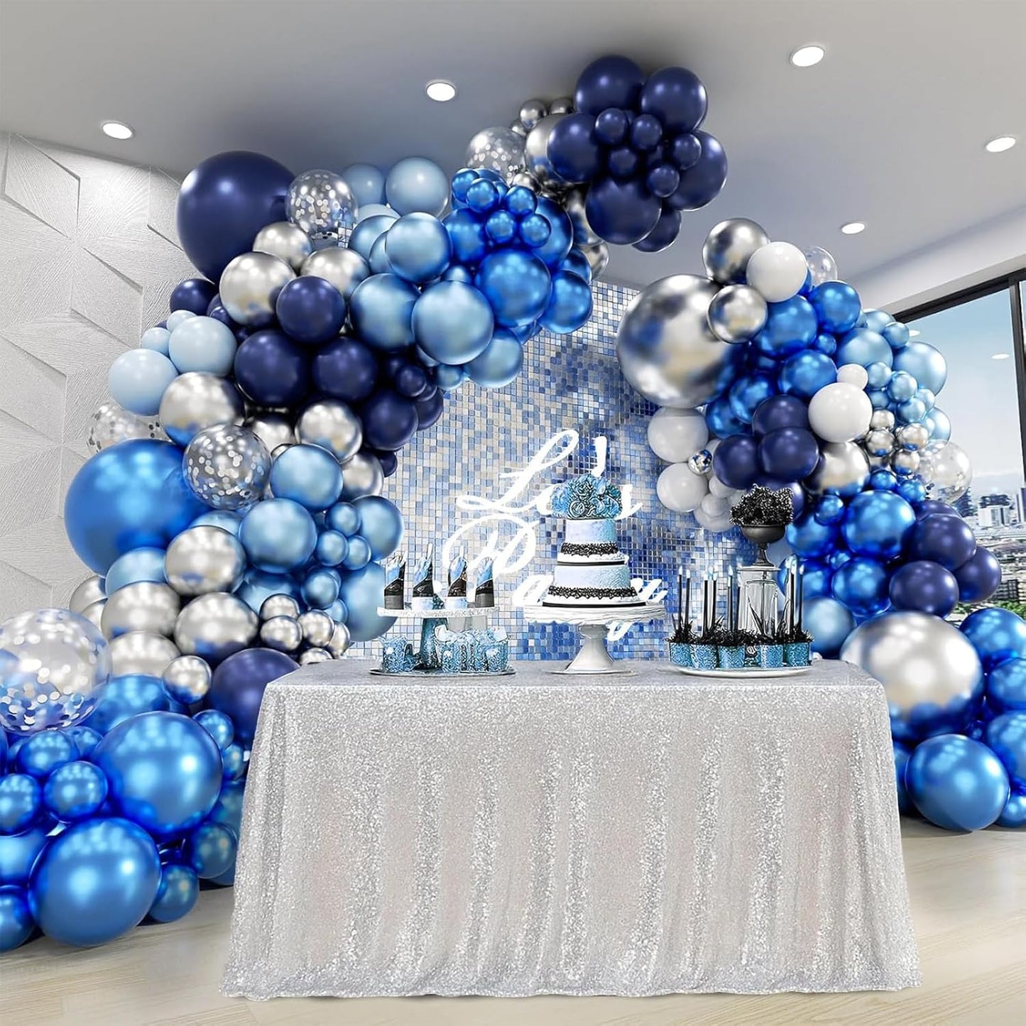 Patimate Blue Silver Balloons Set, 50 pcs 12 inch Metallic Navy Royal Blue Silver Confetti Latex Balloons Kit for Boy Men Birthday Retirement Baby Shower Graduation Party Decorations