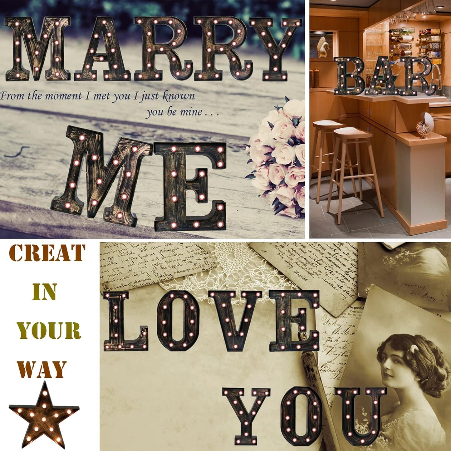 OYCBUZO Golden Black Led Marquee Letter - Industrial, Vintage Style Light Up Alphabet Letter Sign for Cafe Wedding Birthday Party Christmas Lamp Home Bar Initials Decor - H