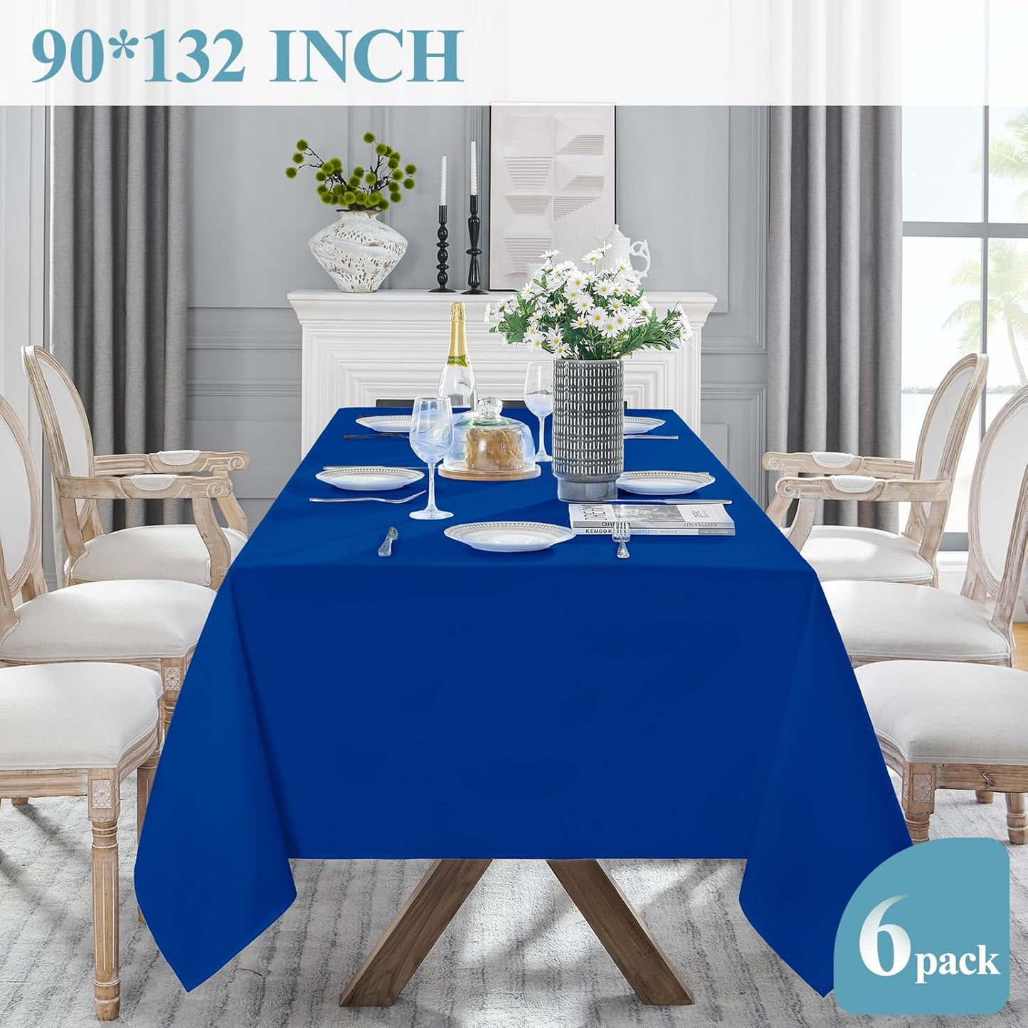 VidaFete Tablecloth 6 Pack 90*132inch Rectangle Table Cloth Polyester, Stain Wrinkle Resistant Polyester Dining Table Cover for Kitchen Dinning Party Wedding Rectangular Buffet Decoration(Royal Blue)