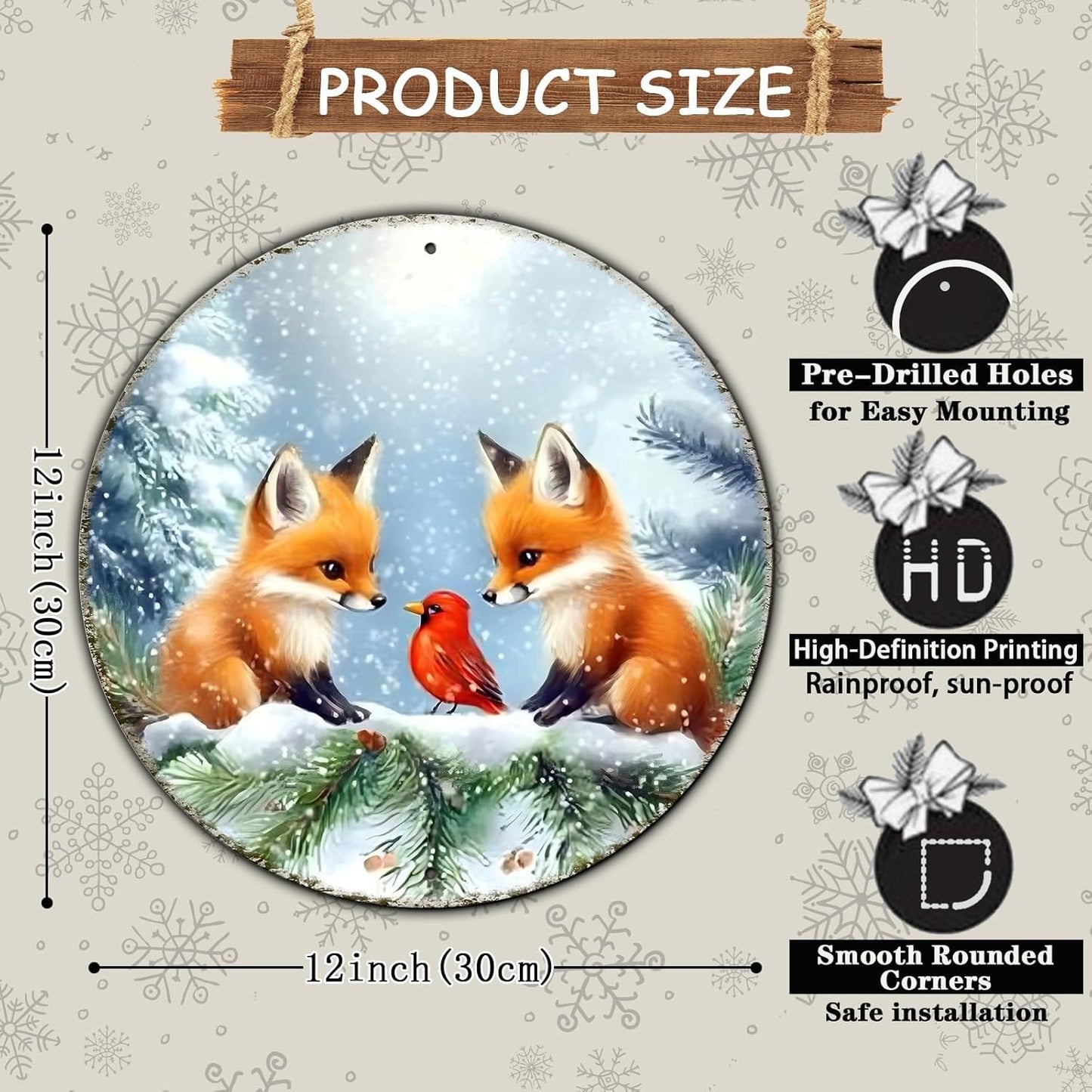 Christmas Round Fox Metal Tin Sign - Red Bird Winter Vintage Sign for Home & Outdoor Decorations - 12 * 12 in