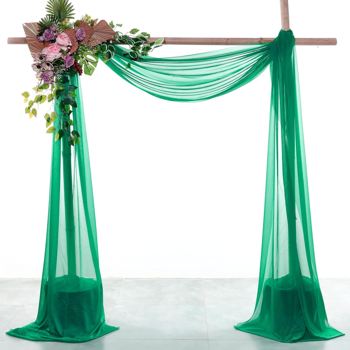 VDS Pack of 2 Panel (30 Inch X 100 Feet) Wedding Arch Draping Fabric Sheer Chiffon Fabric Drapery for Wedding Ceremony Reception Swag Backdrop Canopy Chuppah ARBO Altars Decoration (Emerald)
