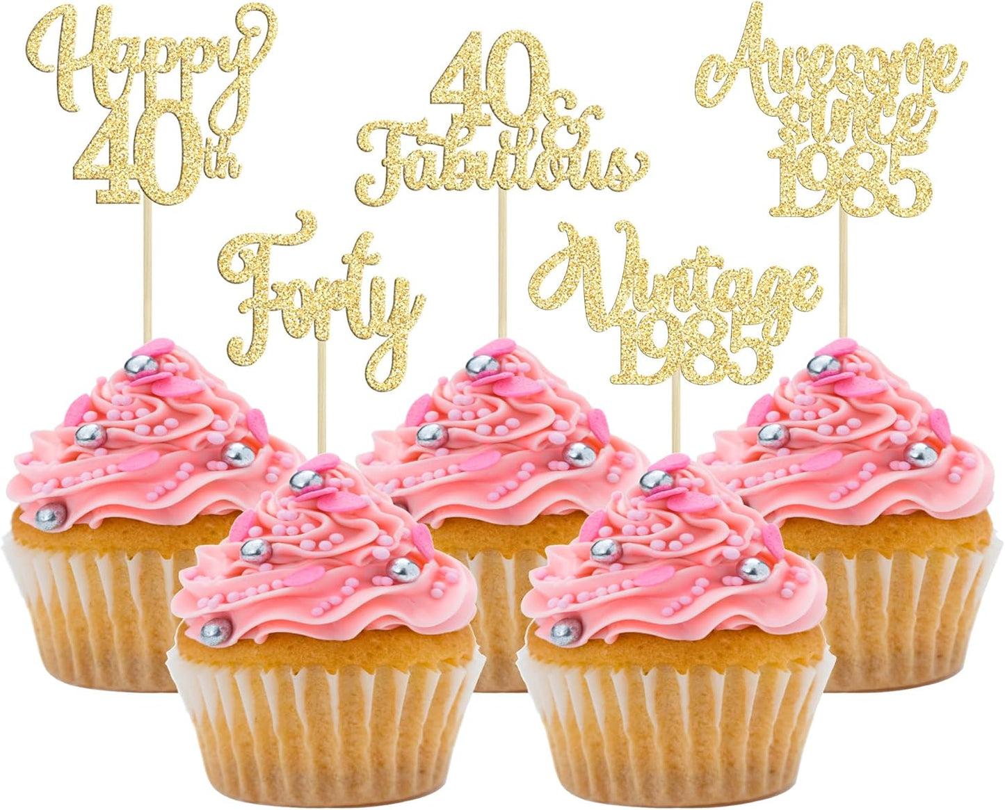30Pcs Vintage 1985 Cupcake Toppers Glitter Forty Happy 40th Birthday 40 Fabulous Cupcake Picks Cheers to 40 Years for 40th Birthday Wedding Anniversary Party Cake Decorations Supplies Gold