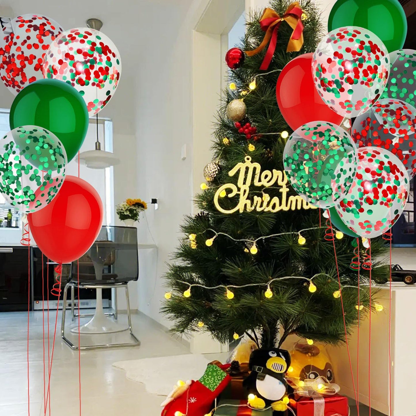 PheiLa 50 Pcs 12 Inch Red and Green Confetti Balloons Christmas Balloons with Ribbons Christmas