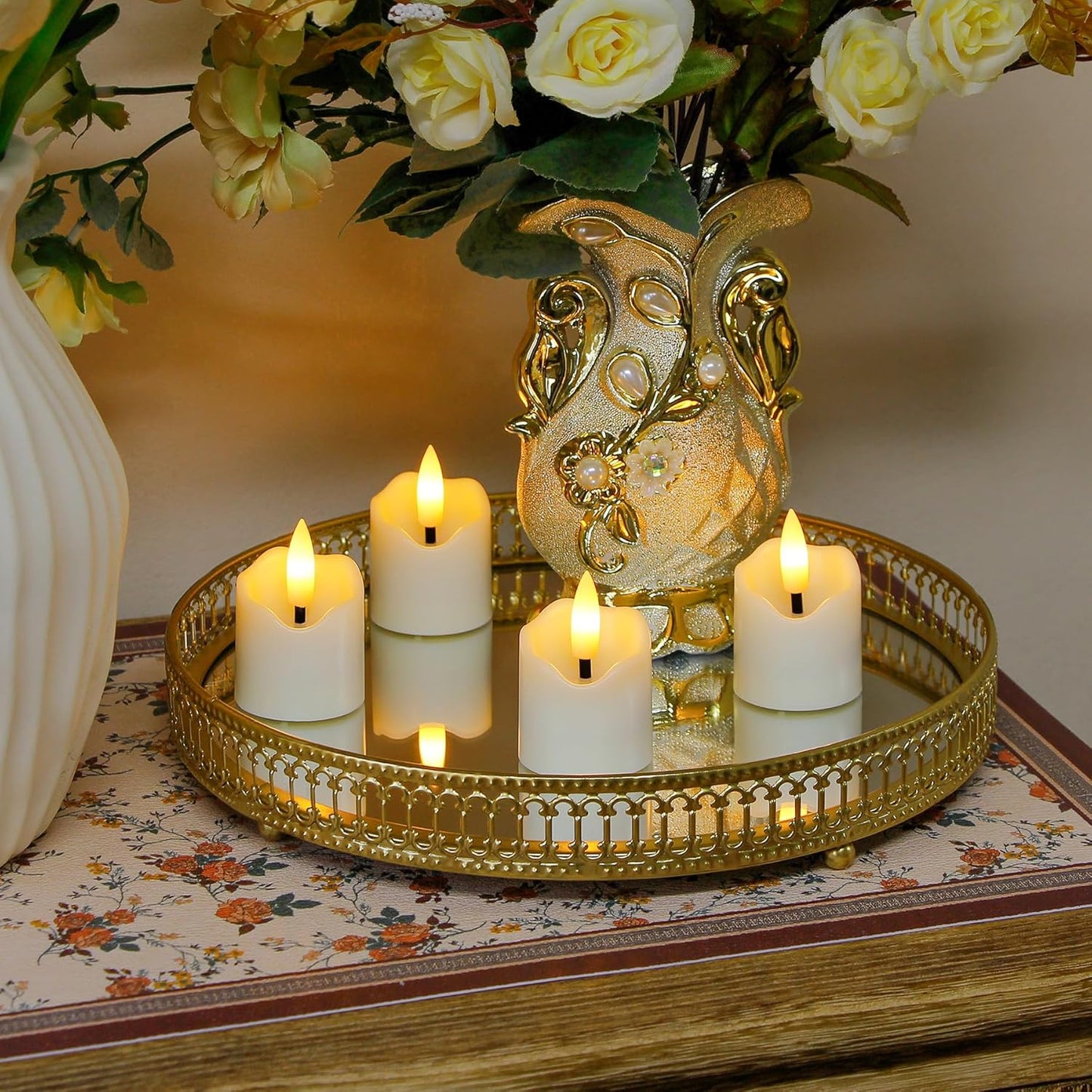 6 Pack Battery Operated Auto Daily Timer Ivory Plastic LED Flameless Votive Candles, Long Runtime 1.6" x2.3" Flickering Tealight Candles with Remote Control