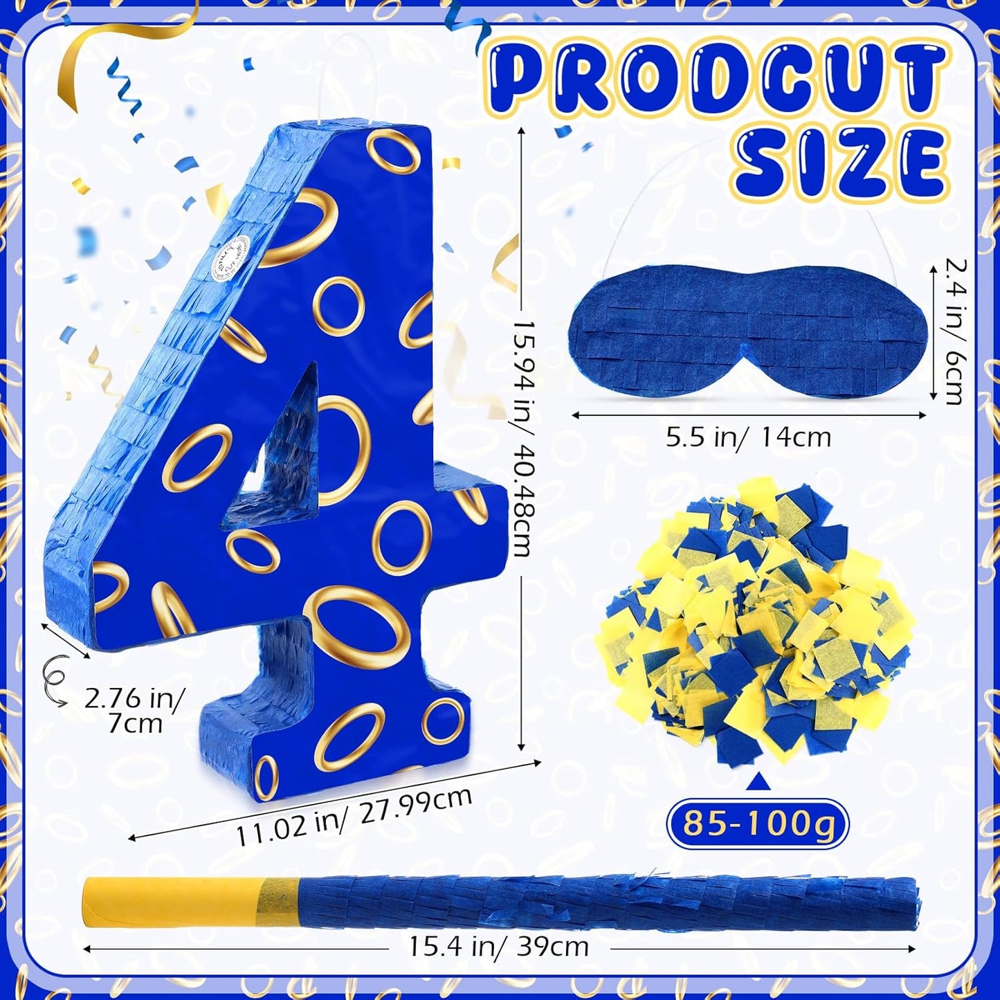 Number 4 Blue and Golden Rings Piñata for Kids Birthday Cartoon Theme Small Piñata with Blindfold Stick Confetti for Fiesta Cinco De Mayo Party Decor, 15.8 x 11 x 2.8 Inch