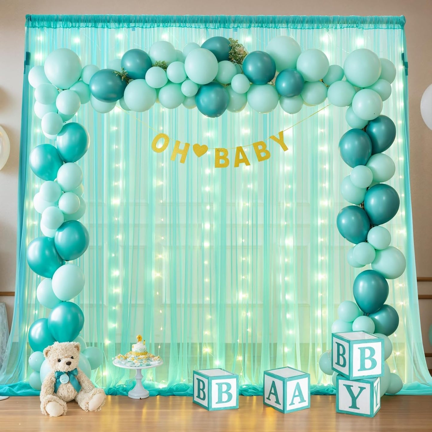 Sage Green Tulle Backdrop Curtains with Lights String for Parites 10x10ft Sheer Backdrop Curtains Drapes for Birthday Party Bridal Shower Baby Shower Christmas Wall Photo Booth Background Decorations