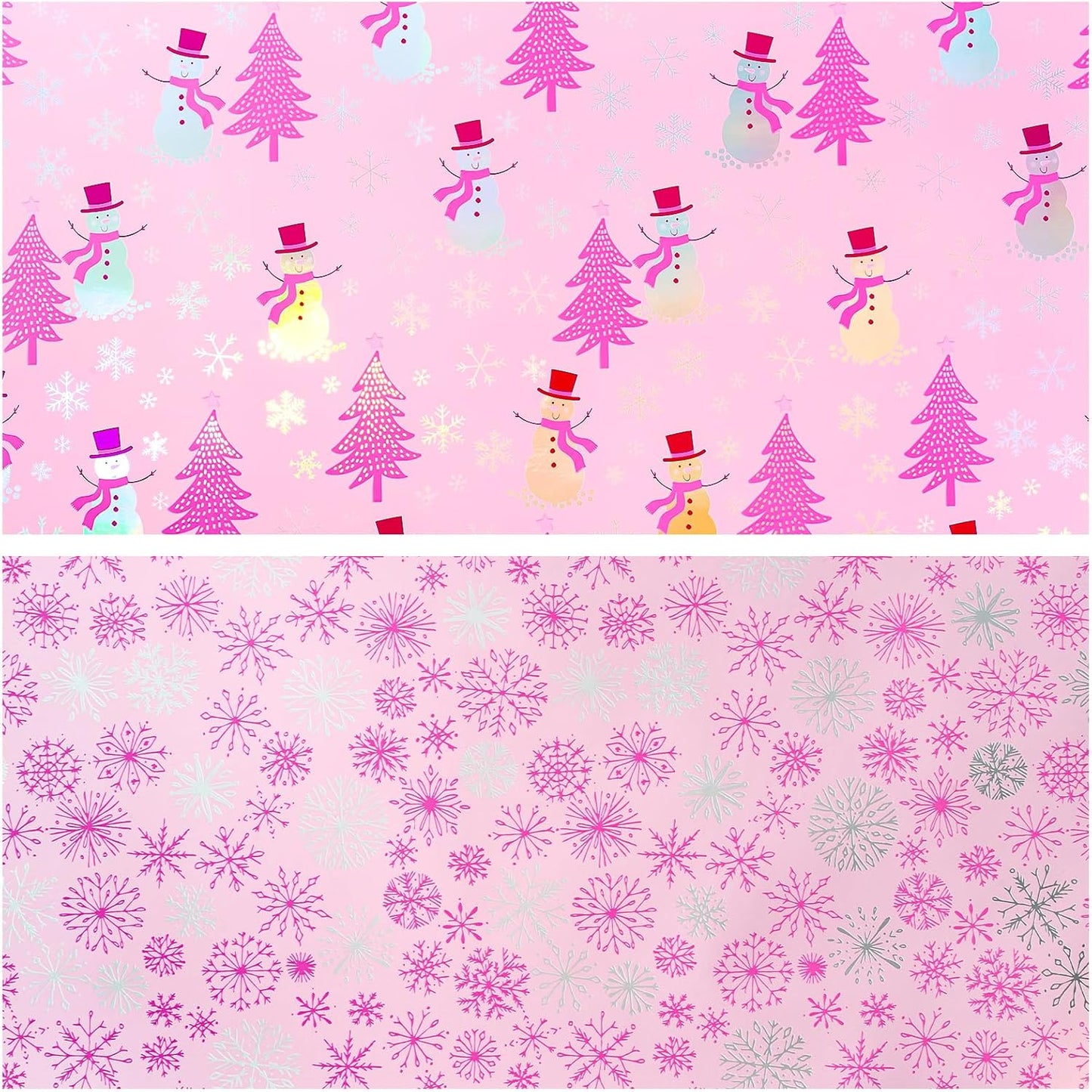 LeZakaa Christmas Pink Wrapping Paper Jumbo Roll, Snowman Christmas Tree & Snowflake Metallic Foil, Rose Gold Foil Reversible Design for Festive Winter Holiday, Family Gathering, 30 inches x 100 Feet