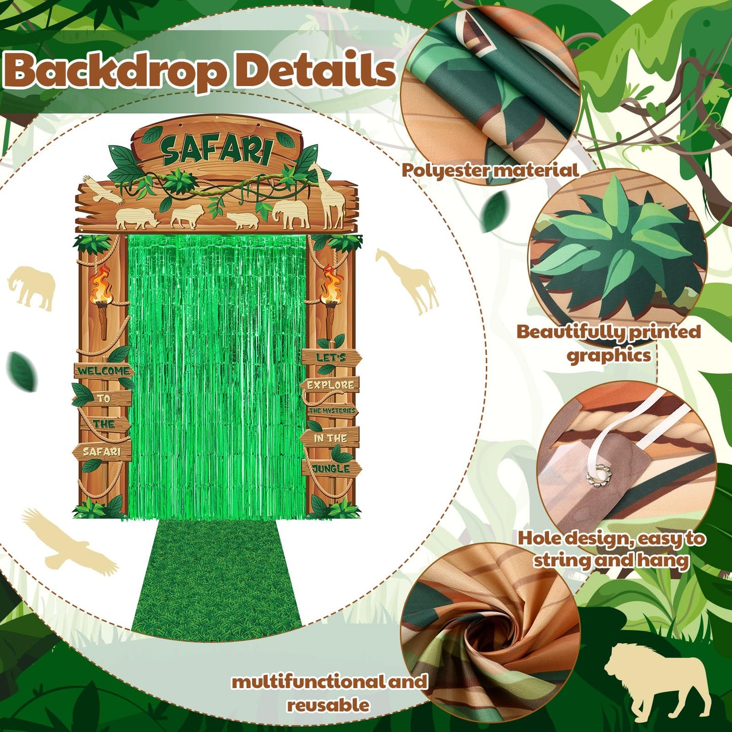VitalCozy 7 Pcs VBS 2026 Safari Jungle Door Banner Foil Fringe Curtain Rug