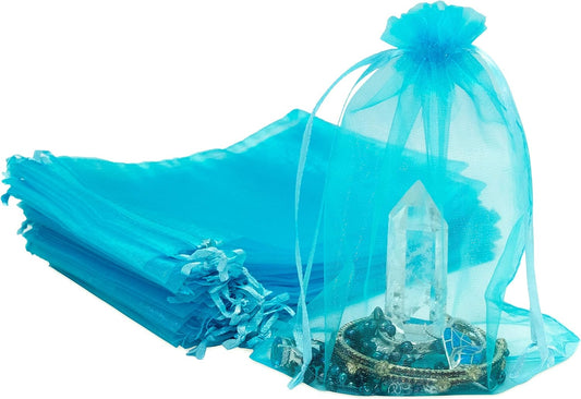 TheDisplayGuys 100-Pack 6x8 Turquoise Blue Sheer Organza Gift Bags with Drawstring, Jewelry Candy Treat Wedding Party Favors Mesh Pouch