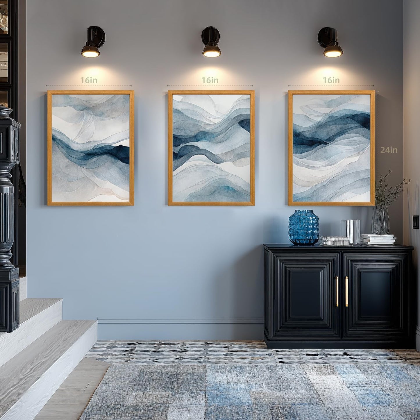 IAFWZX Wood Framed Blue Gray Abstract Wall Art, Modern Minimalist Waves Wall Decor, Neutral Watercolor Line Canvas Paintings, Navy Blue Watercolor Poster Prints for Living Room Office 16"x24"x3