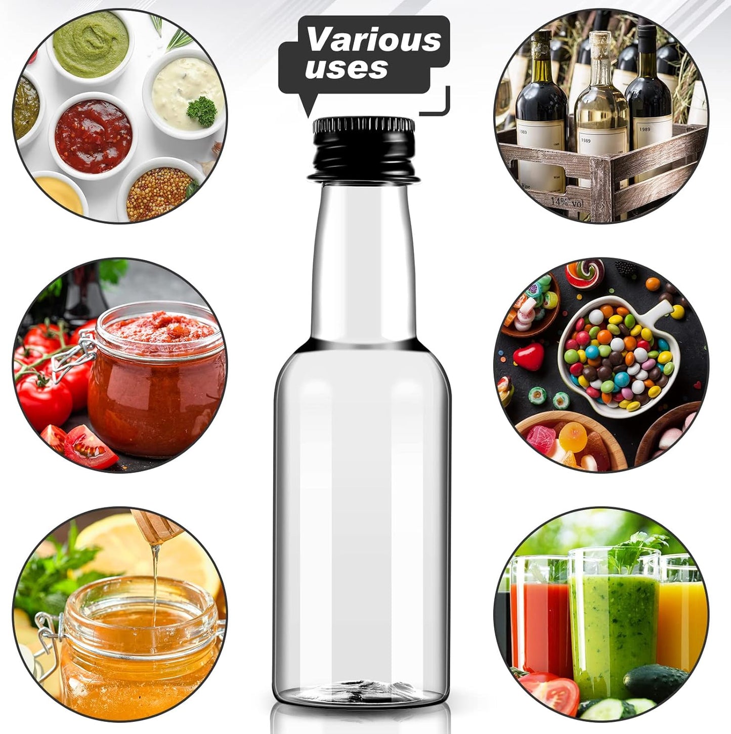 Tessco 100 Pcs Mini Liquor Bottles Plastic Mini Salad Dressing Bottle Christmas Small Shooter Alcohol Holders with Cap Wine Hot Sauce(2.5 Oz,Black)