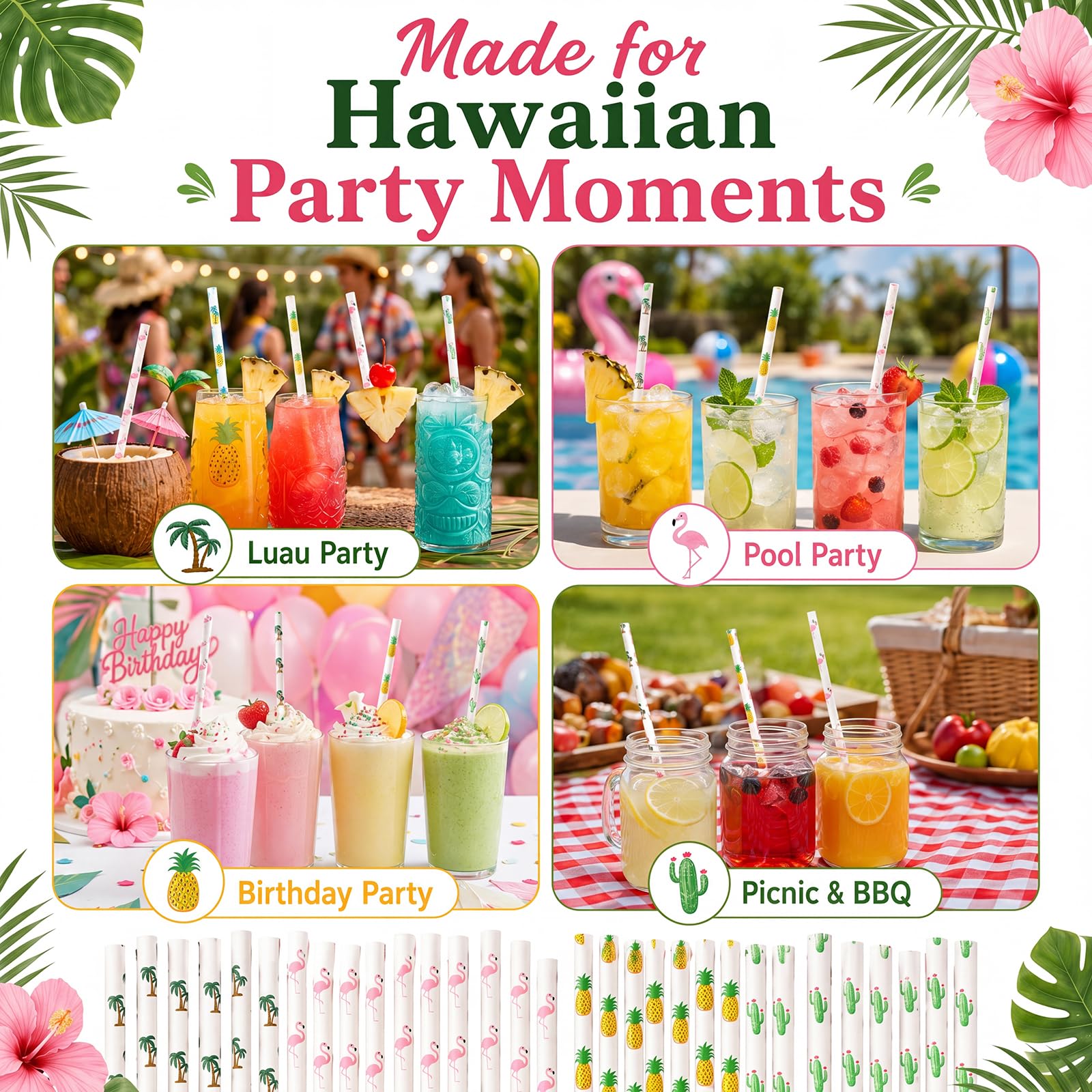 ALINK 100 Pack Tropical Paper Straws - 7.75" Biodegradable Hawaii Party Straws with Flamingo