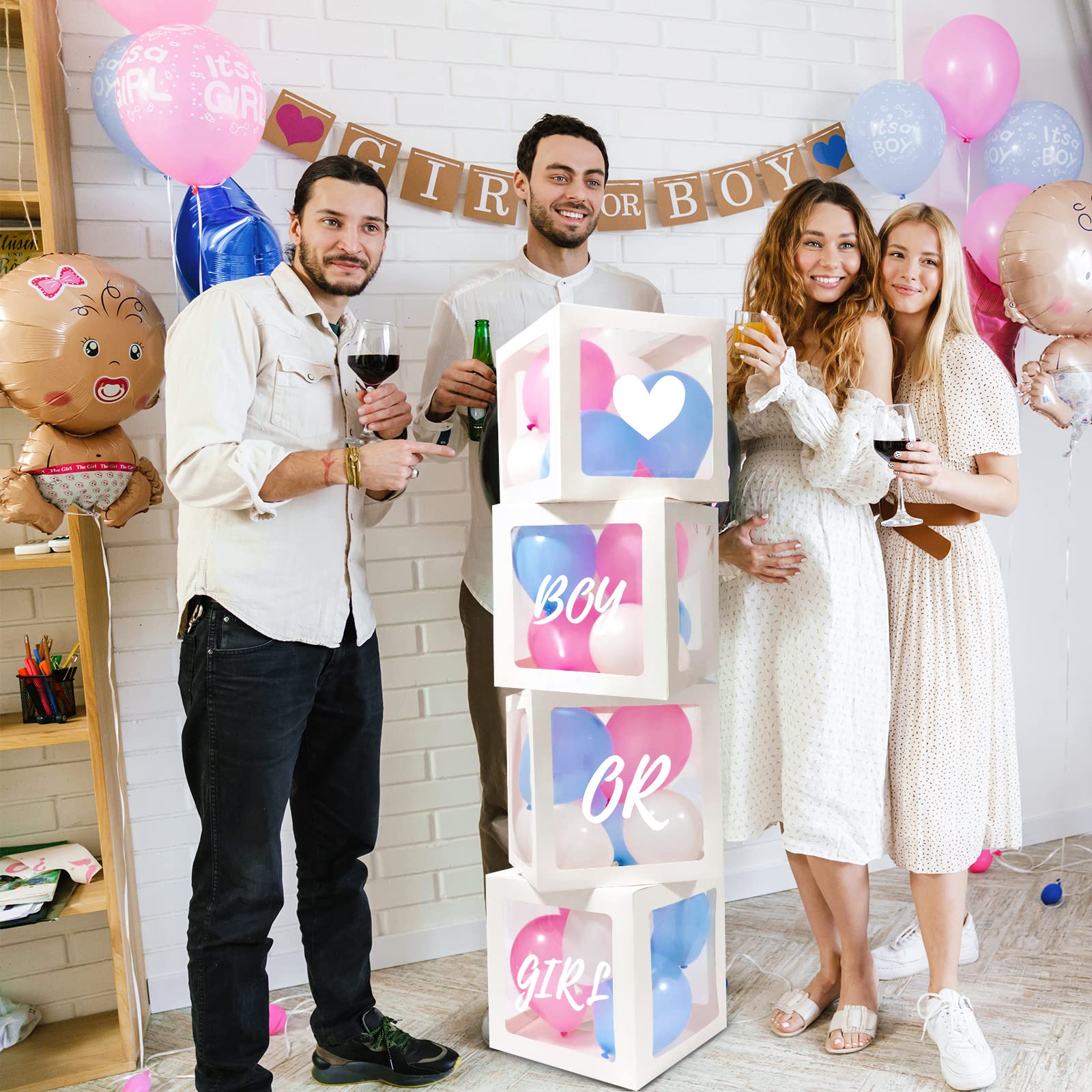 RUBFAC Baby Boxes with Letters and 36 Balloons, 4pcs Clear Balloon Boxes for Gender Reveal Baby