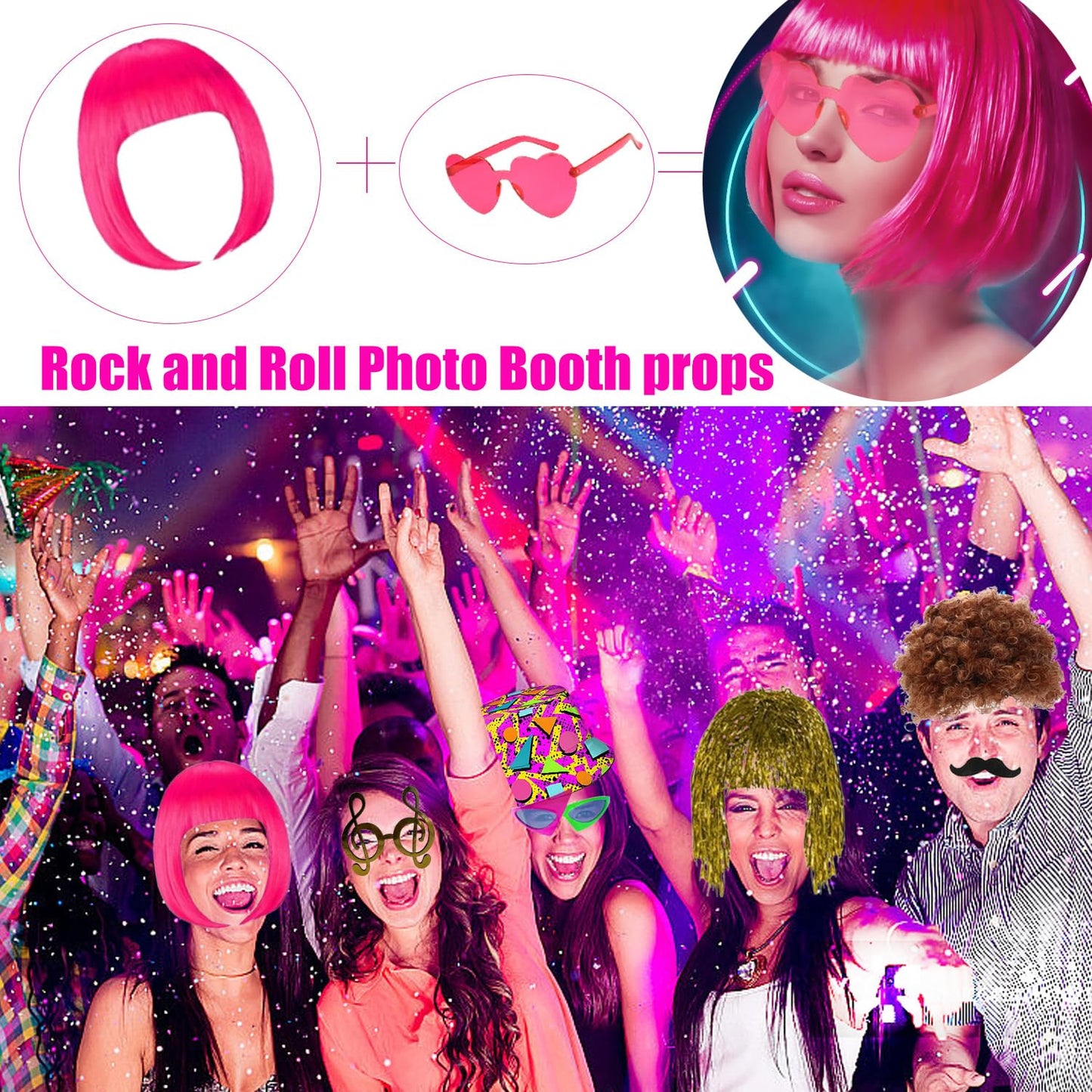 50 Pcs Rock Party Photo Booth Props Set for Adults, Funny Rock Star Party Sunglasses, Hats, Wigs
