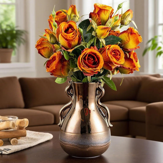 Gold Ceramic Vase with Handles, Brown Rustic Farmhouse Vintage Flower Vases Home Decor, Modern Amber Brown Tall Centerpiece Floral Small Vase for Living Room, Bedroom, Office Metal Glaze Finish 7.3 In