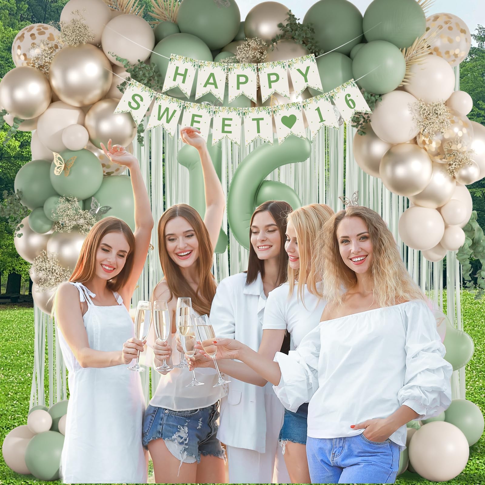 73pcs Sweet 16 Party Decorations with Sage Green Sand White Gold Balloons
