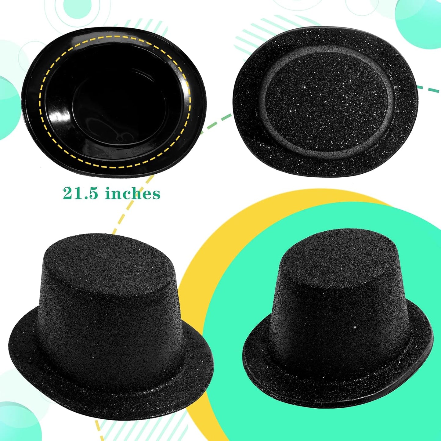 Hillban 12 Pcs Top Hats Halloween Glitter Plastic Retro Disco Party Hats for Halloween Magician Birthday Wedding Carnivals(Black,Classic)