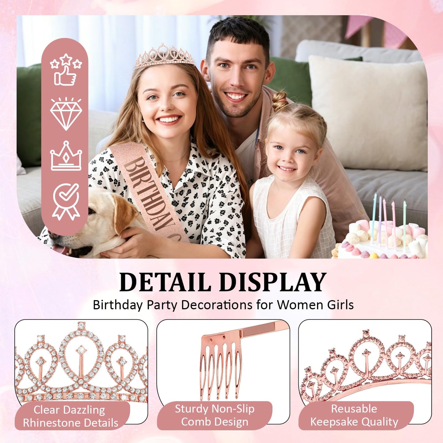 CAVETEE Rose Gold Rhinestone Tiara with Glitter Birthday Queen Sash, Birthday Party Decorations for