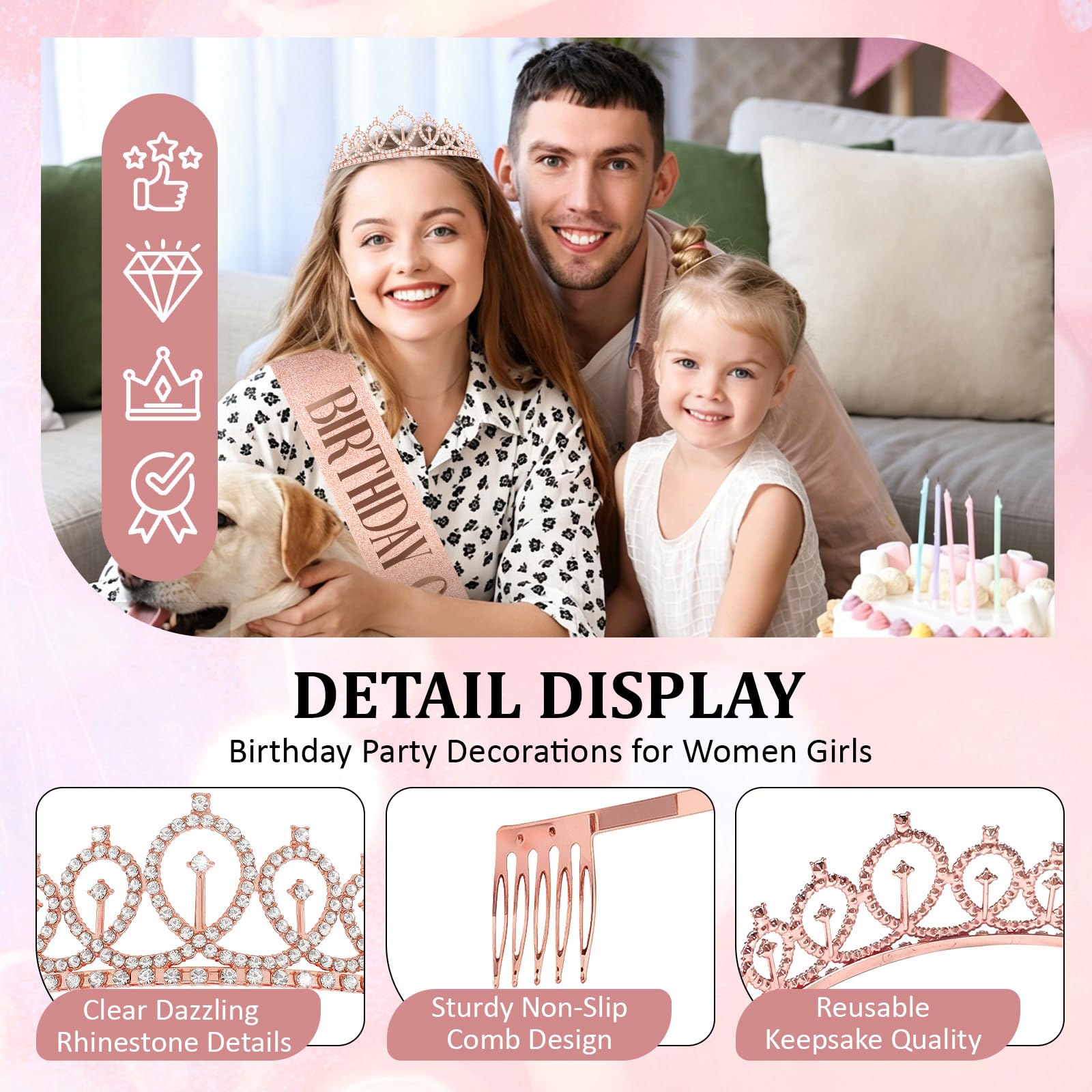 CAVETEE Rose Gold Rhinestone Tiara with Glitter Birthday Queen Sash, Birthday Party Decorations for