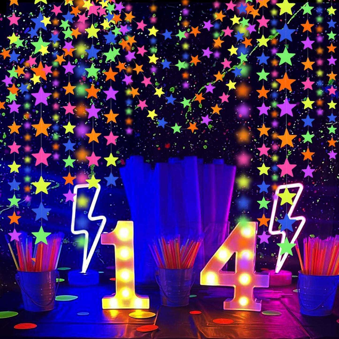 120feet UV Star Paper Neon Garland Neon Streamers Black Light Neon Decorations for Dark Glow Party UV Reactive Neon Party Favors Glow in The Dark Party Supplies for Party Wedding Birthday Banners