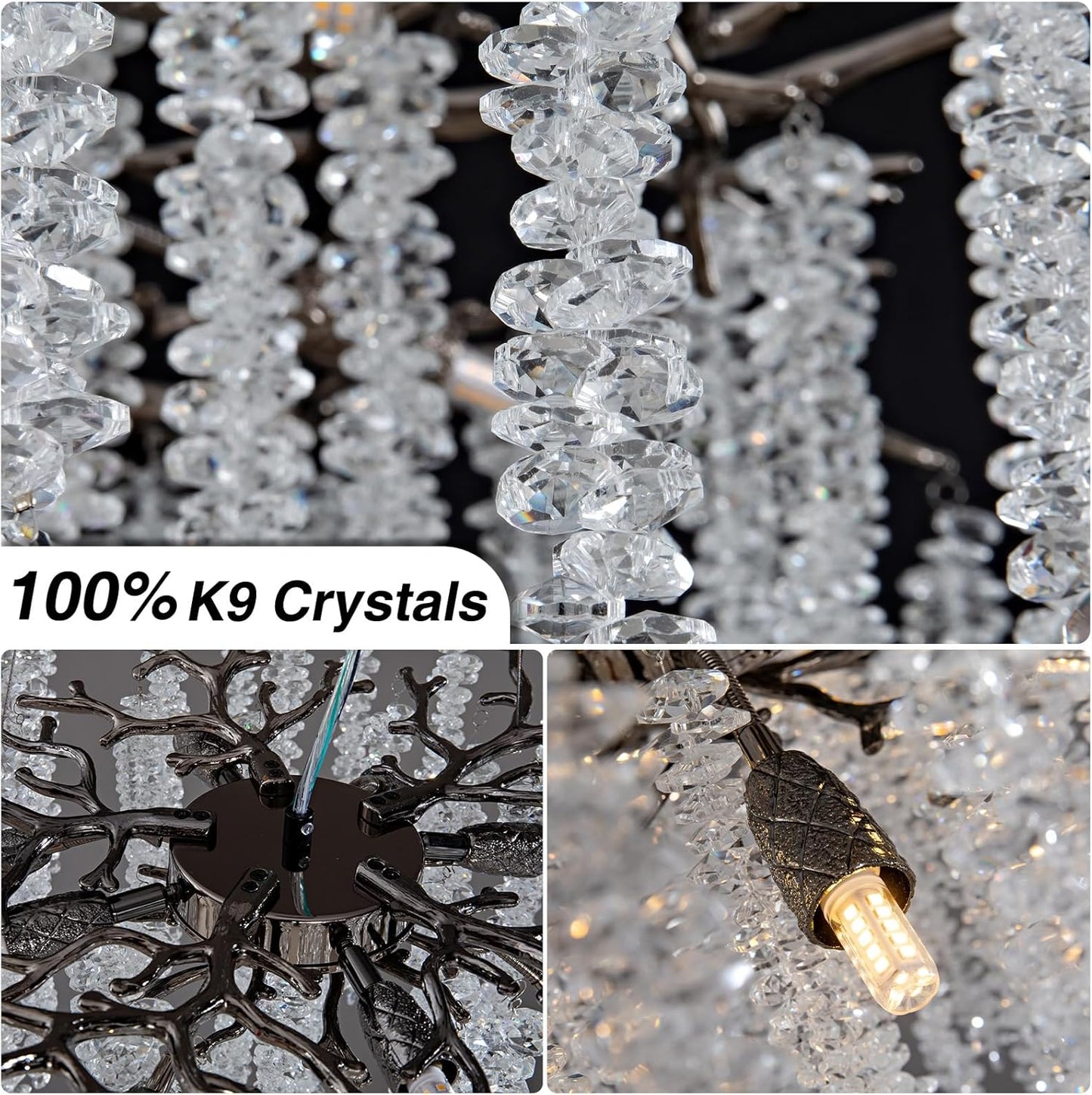 YUYI Modern Crystal Chandeliers for Dining Room,Black Tree Branches Chandelier Lighting,Round Luxury High Ceiling Chandelier Light Fixture Hanging Pendant Light Fixtures