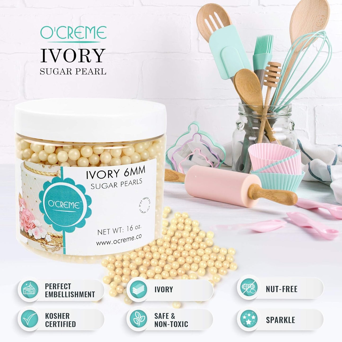 O'Creme Ivory Edible Sugar Pearls Cake Decorating Supplies for Bakers: Cookie, Cupcake & Icing Toppings, Beads Sprinkles For Baking, Certified, Candy Sugar Ball Accents (5mm, 32 oz)