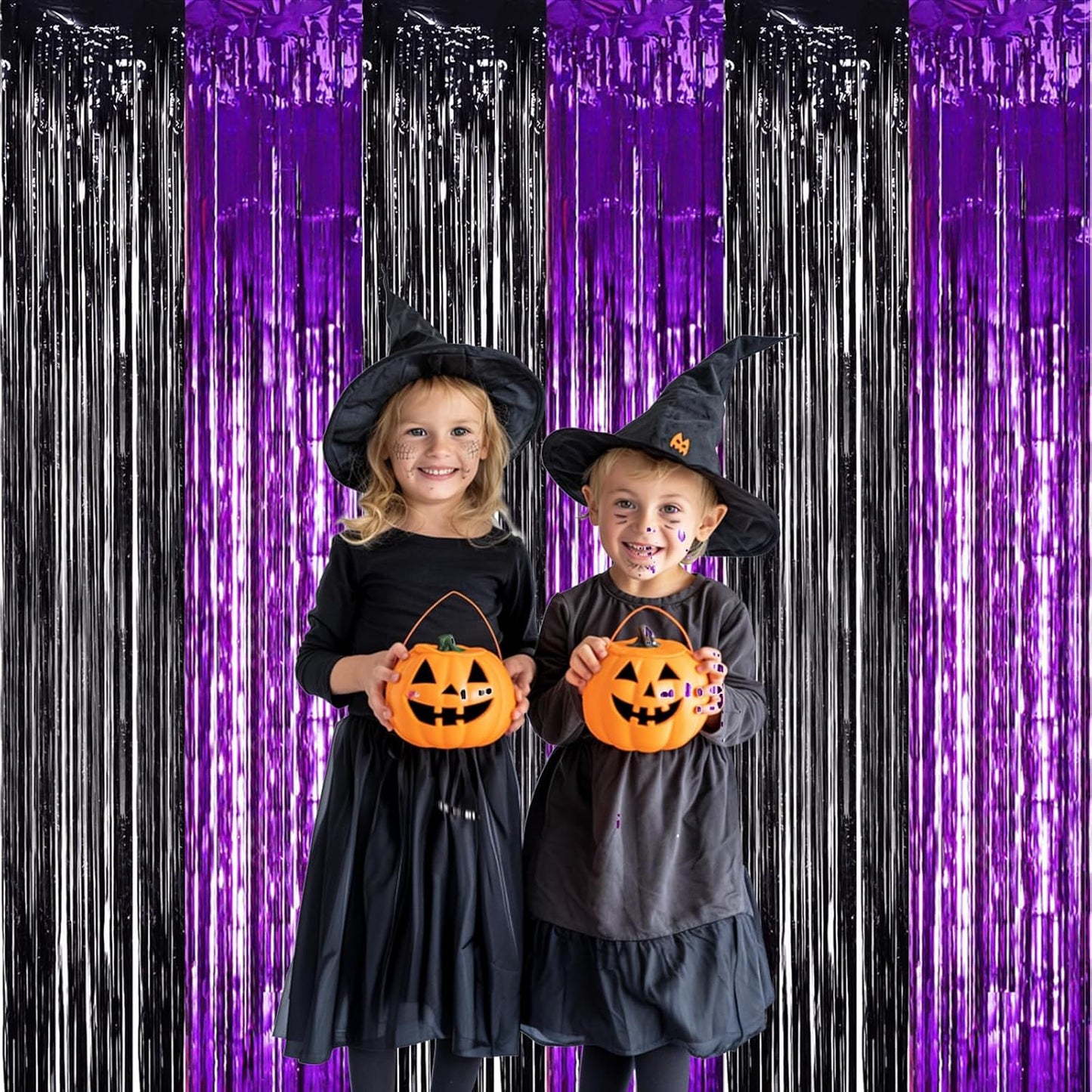 TONIFUL 2Pcs Black Purple Door Streamers,Photo Booth Backdrop Metallic Streamers Foil Fringe Curtains for Birthday Christmas New Year Bachelorette Halloween Party Streamers Decor