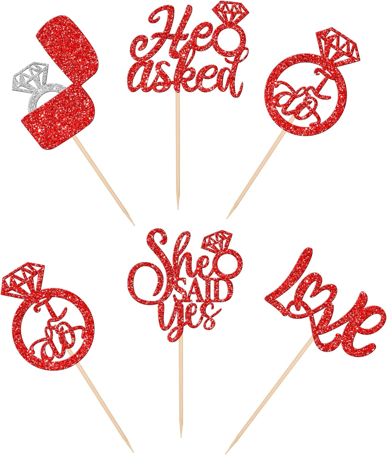 30 PCS He Asked She Said Yes Cupcake Toppers Diamond Ring Cupcake Picks Love I Do Bridal Shower Cupcake Decorations for Wedding Enaggement Theme Party Cake Decorations Supplies Red
