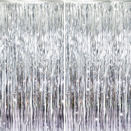 GOER 6.4 ft x 8.2 ft Metallic Tinsel Foil Fringe Curtains,Pack of 2 Party Streamer Backdrop for Birthday,Graduation Decorations and New Year Eve (Silver)