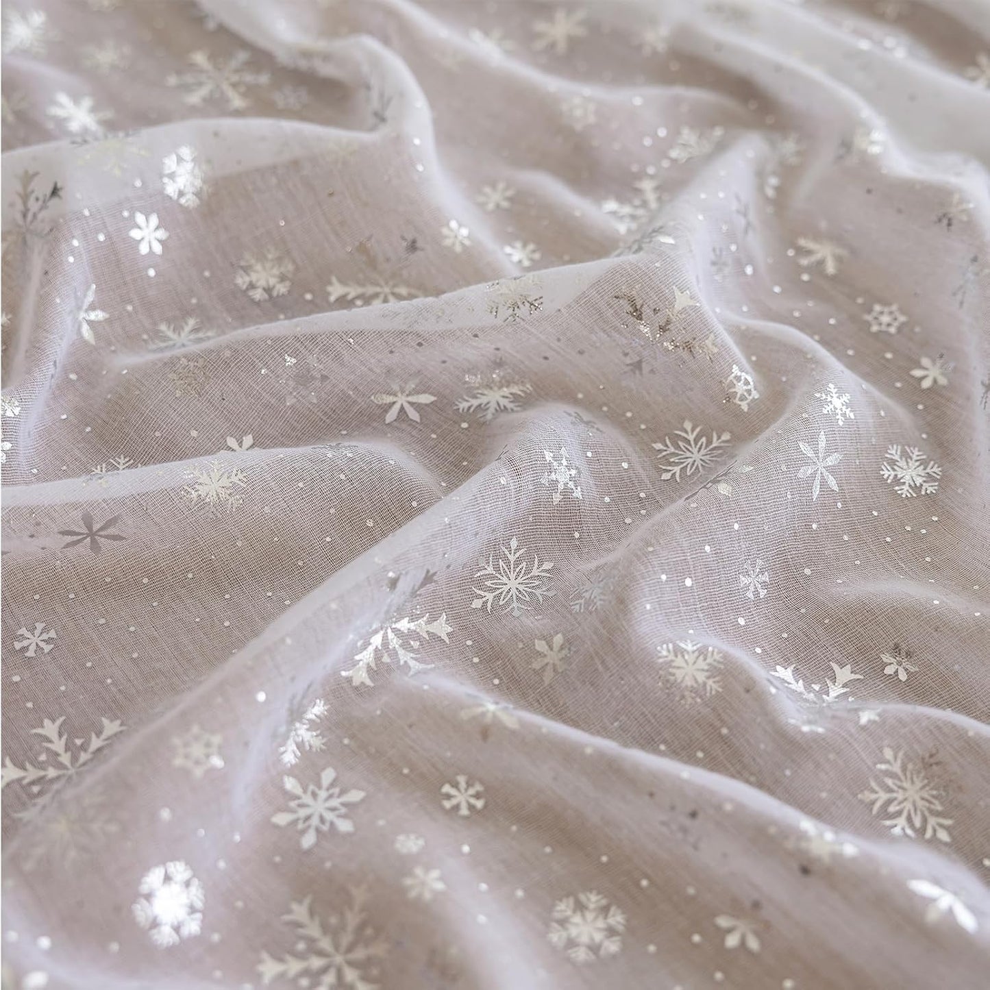 Silvery Snowflake Metallic Print Tulle Christmas Table Runner, Seasonal Winter Kitchen Dining Table Decoration for Home Party Decor 35x120 Inch(Off White)