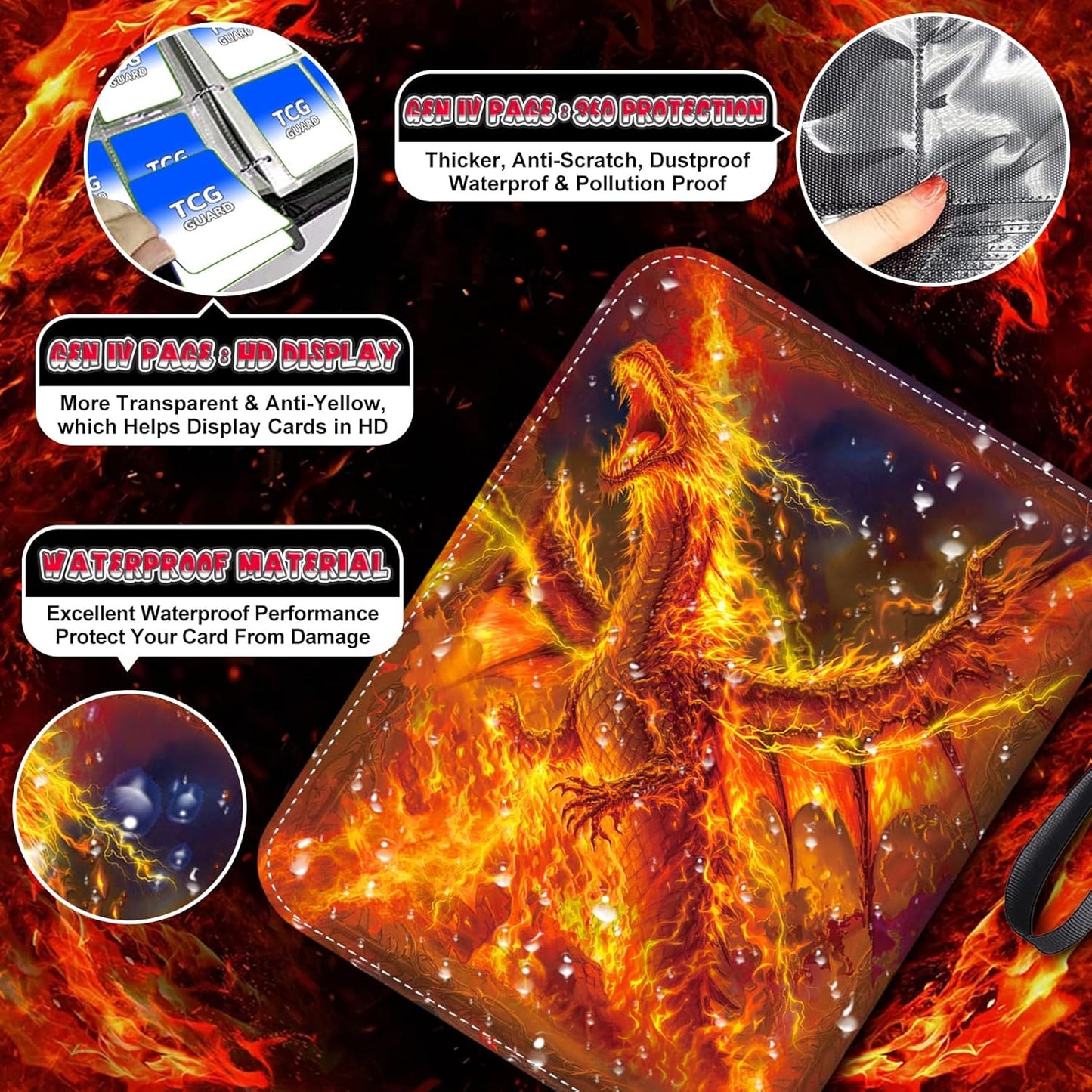 440 Card Binder 4 Pocket, 3-Ring Trading Card Binder with 55 Page Removable Sleeves, High Storage Waterproof Trading Card Holder Collection Card Album Carrying Organizer Case for MTG TCG Cards -Fire