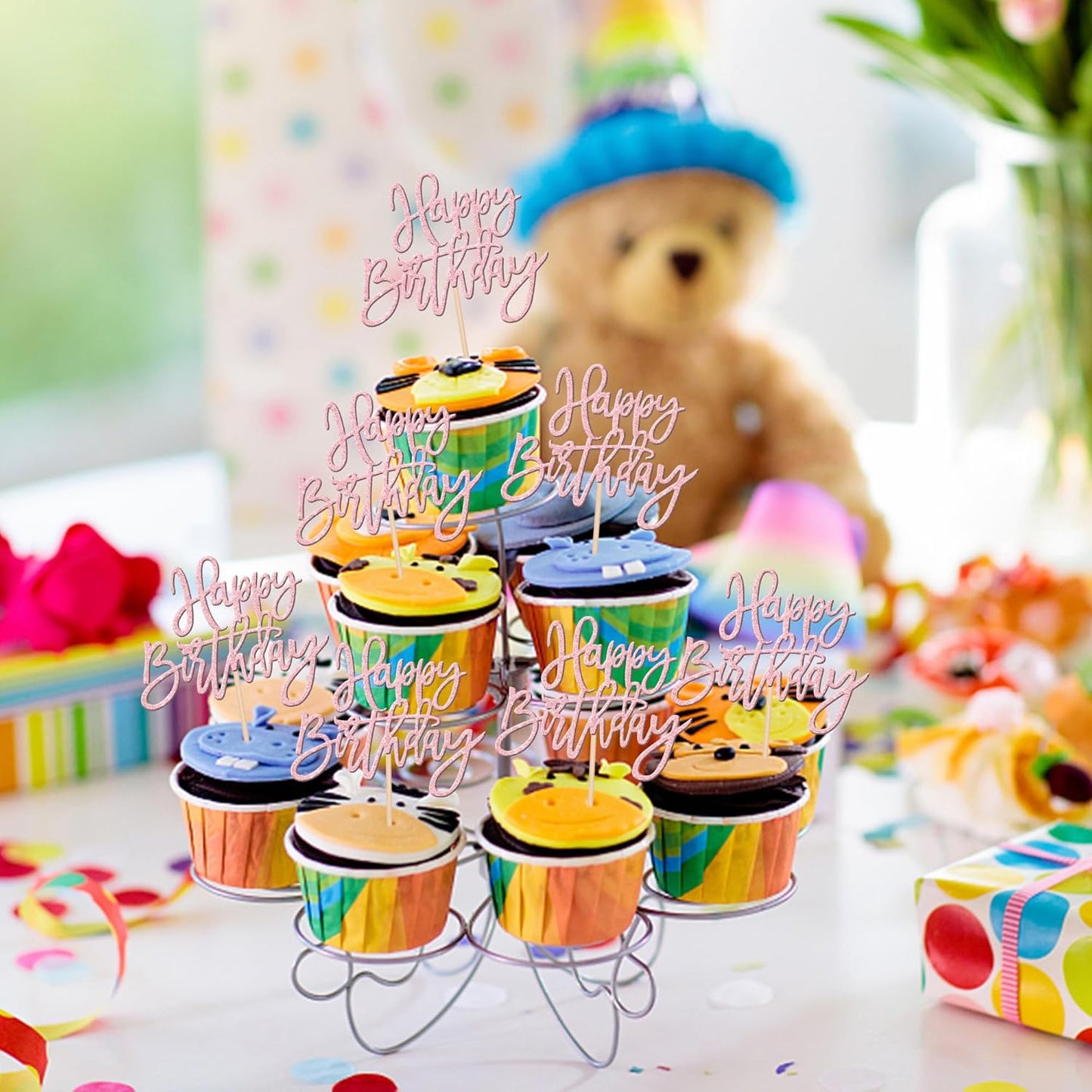 24 PCS Happy Birthday Cupcake Toppers Glitter Picks for Celebrating Anniversary Theme Party Cake Decorations Supplies Light Pink