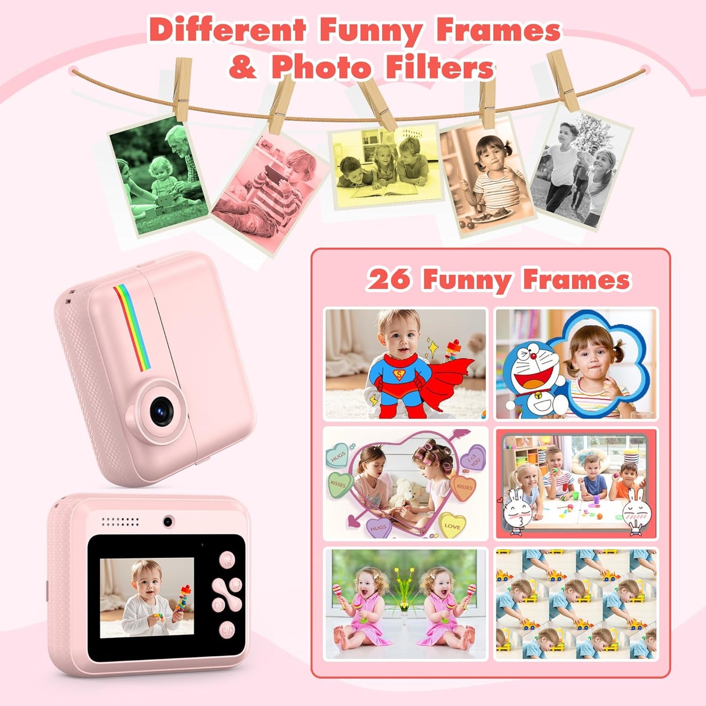 Kids Camera Instant Photo Printing,HD Digital Video dual Cameras for Toddler,Kids Digital Camera That Print Photos Christmas Birthday Gifts for Boys and Girls with 32GB SD & 3 Rolls Print Paper (Pink)