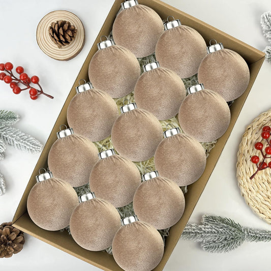 Brown Velvet Christmas Ornaments for Tree 15 PCS, Big Neutral Flocked Christmas Balls Ornaments Set, Shatterproof Earth Tone Xmas Hanging Decor for Holiday (Light Brown, 3.15 Inch)