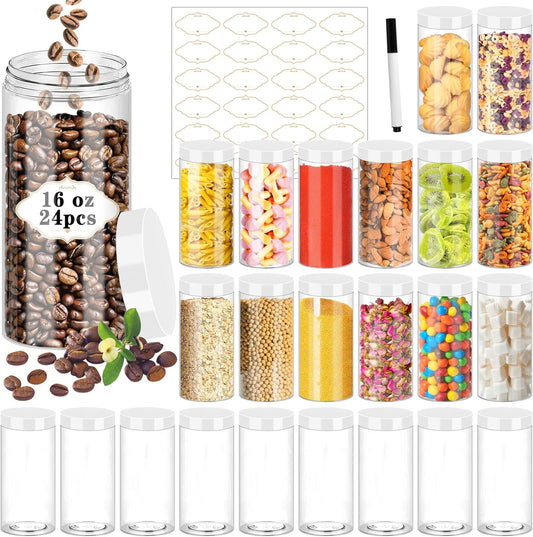 24 Pcs Plastic Jars, 16 OZ Plastic Jars with White Lids Clear Airtight Slime Containers Refillable Round Empty Storage Containers Jar for Kitchen & Household Dry Food Storage
