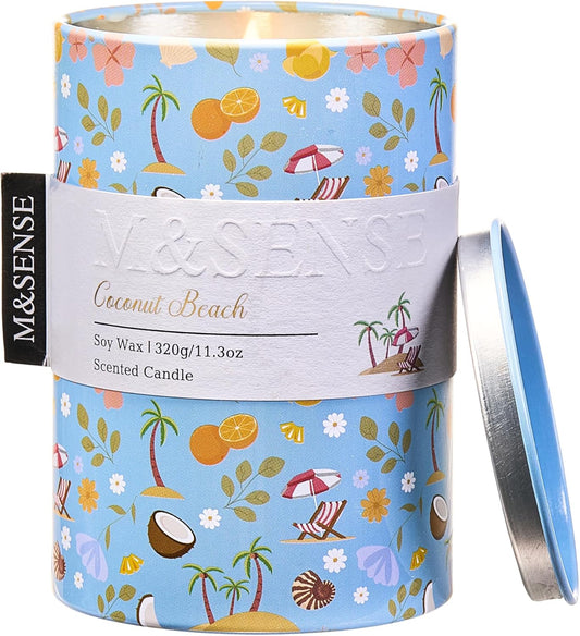 M&SENSE Coconut Beach Scented Candle, Medium Jar Candle 11.3oz Natural Soy Wax for Home Scented, Floral Candles Gift for Spring Holiday, Up to 70 Hours Burning Long-Lasting Fragrance