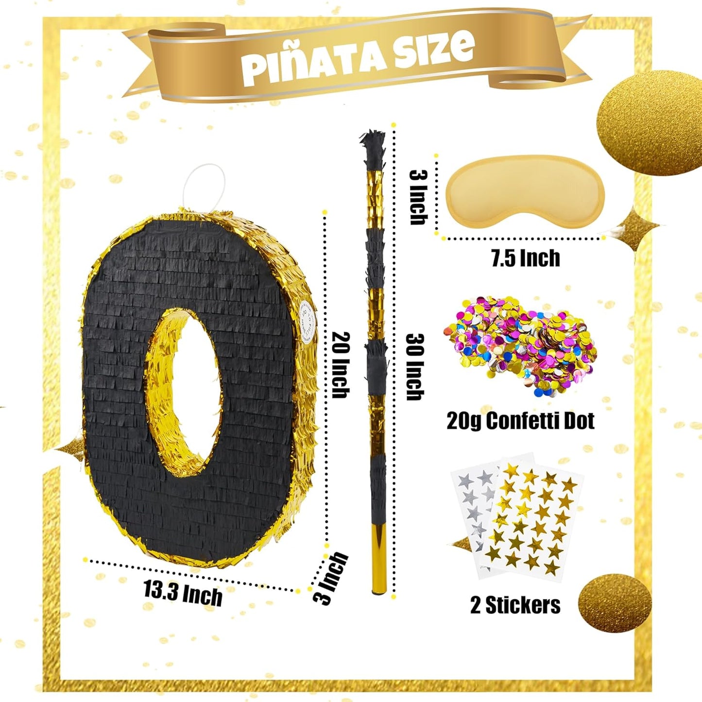 PCFING 20 Inch Number 0 Piñata Gold Black with 30 Inch Piñata Stick Blindfold Confetti for Man Women Boys Girls Birthday Party Decorations, Anniversary Celebration, Fiesta