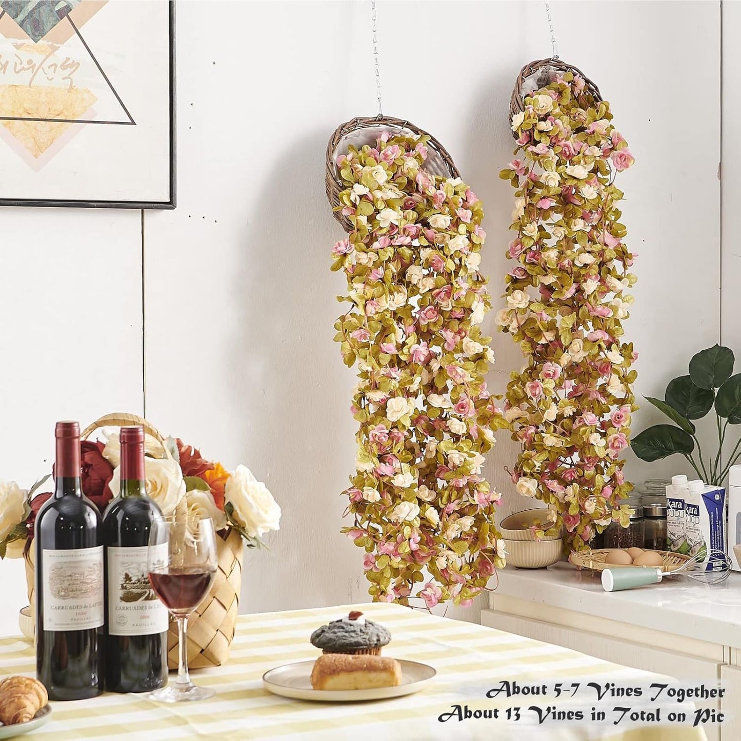 6 Pcs x 8.2 ft Flower Garland Artificial Rose Vine Flowers with Green Leaves Hanging Fake Roses Vine for Room Party Home Wedding Birthday Christmas Wall Arch Decor, Pink Champagne Flower