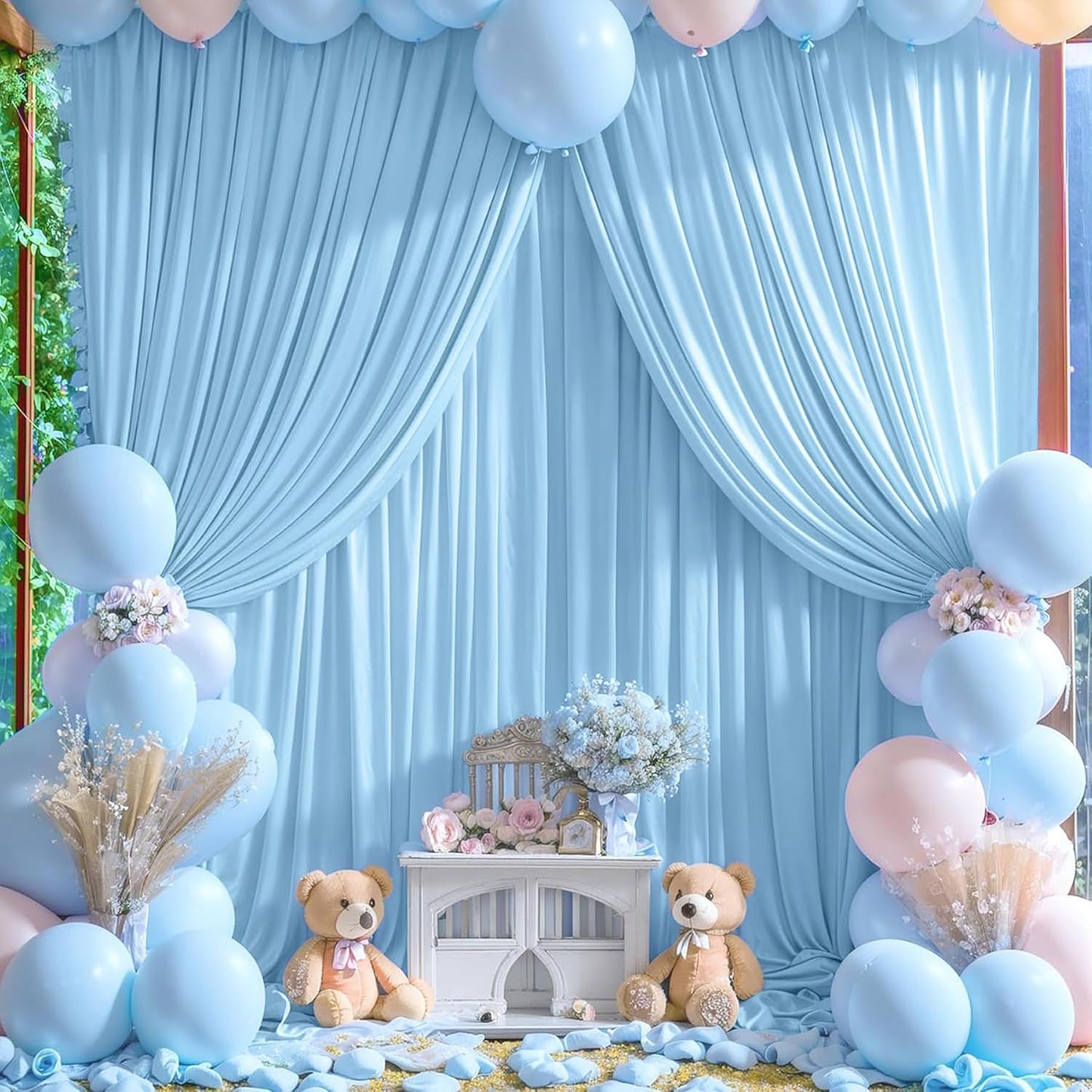 20 x 10ft Wrinkle Free Dusty Blue Backdrop Curtains for Parties Weddings, Thick Silky Polyester Fabric Backdrop Drapes, 4 Panels 5X 10 ft Photo Background Cloth for Birthday Gender Reveal Photography