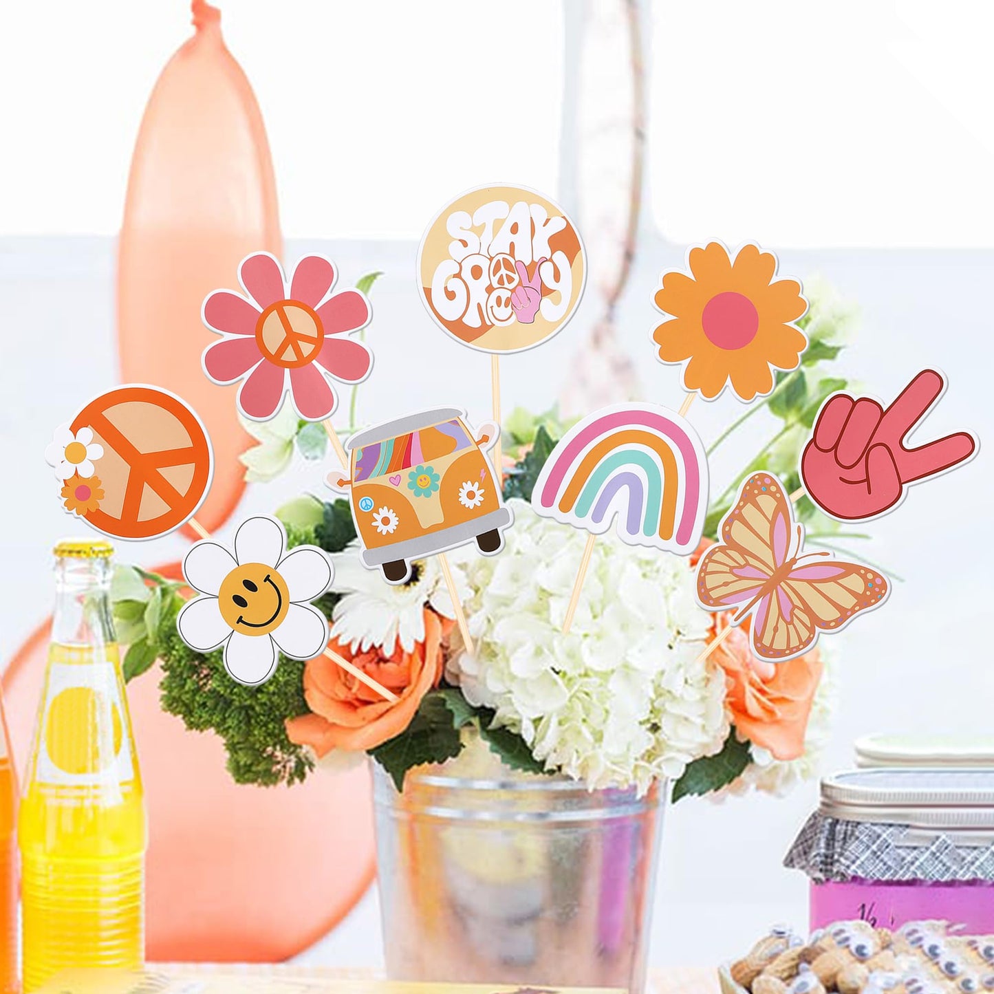 18 PCS Hippie Party Centerpiece Sticks Dasiy 60s Retro Boho Peace Sign Hand Butterfly Two Groovy