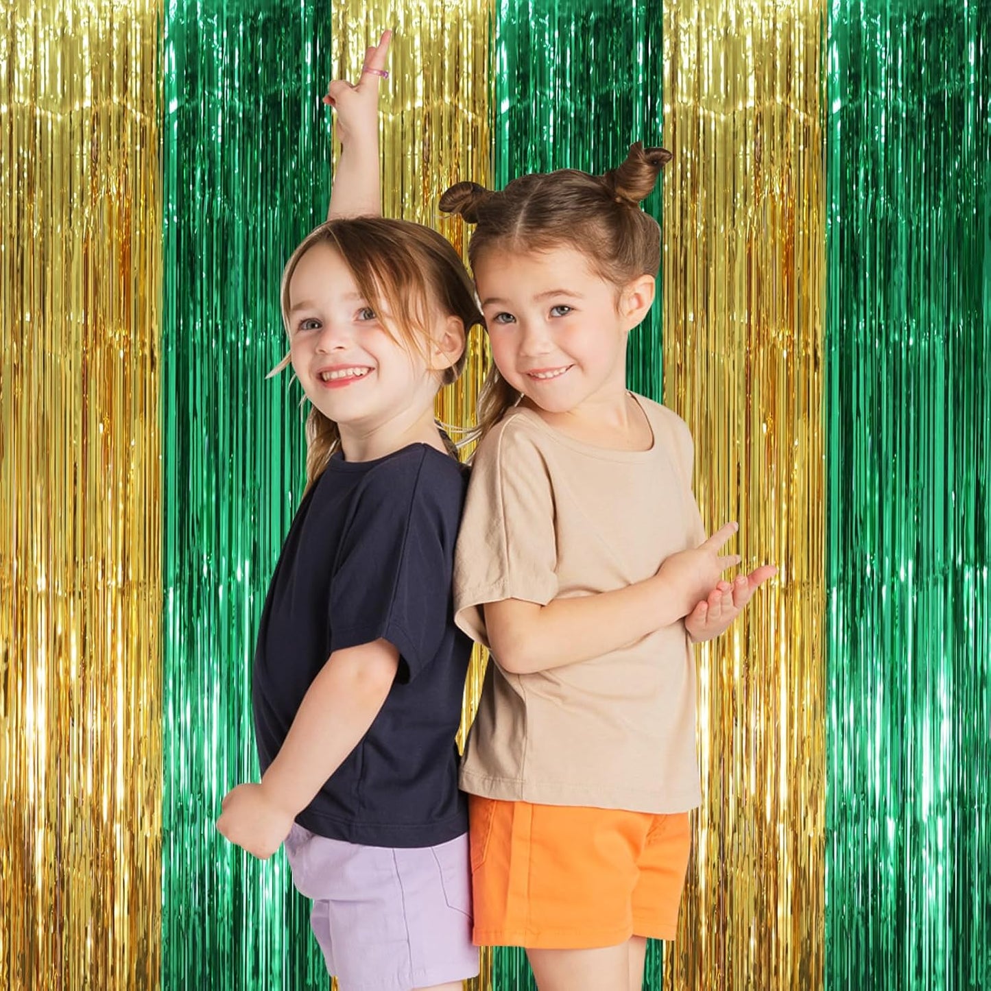 2 Pack Green and Gold Foil Fringe Backdrop Curtains, Tinsel Streamers Party Decorations, Fringe Backdrop, Door Shimmer for Graduation or Birthday Party