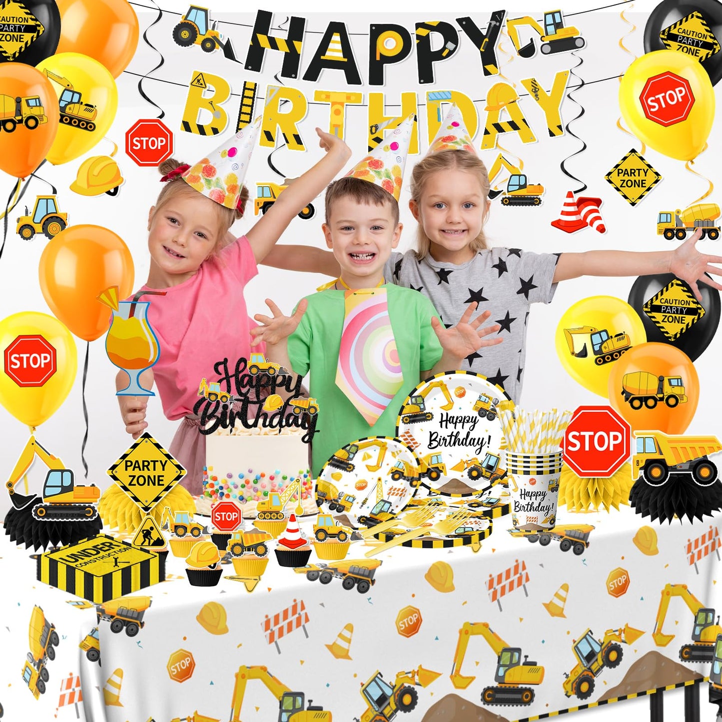 Construction Birthday Decorations,245PCS Construction Birthday Party Supplies-Includes Plates