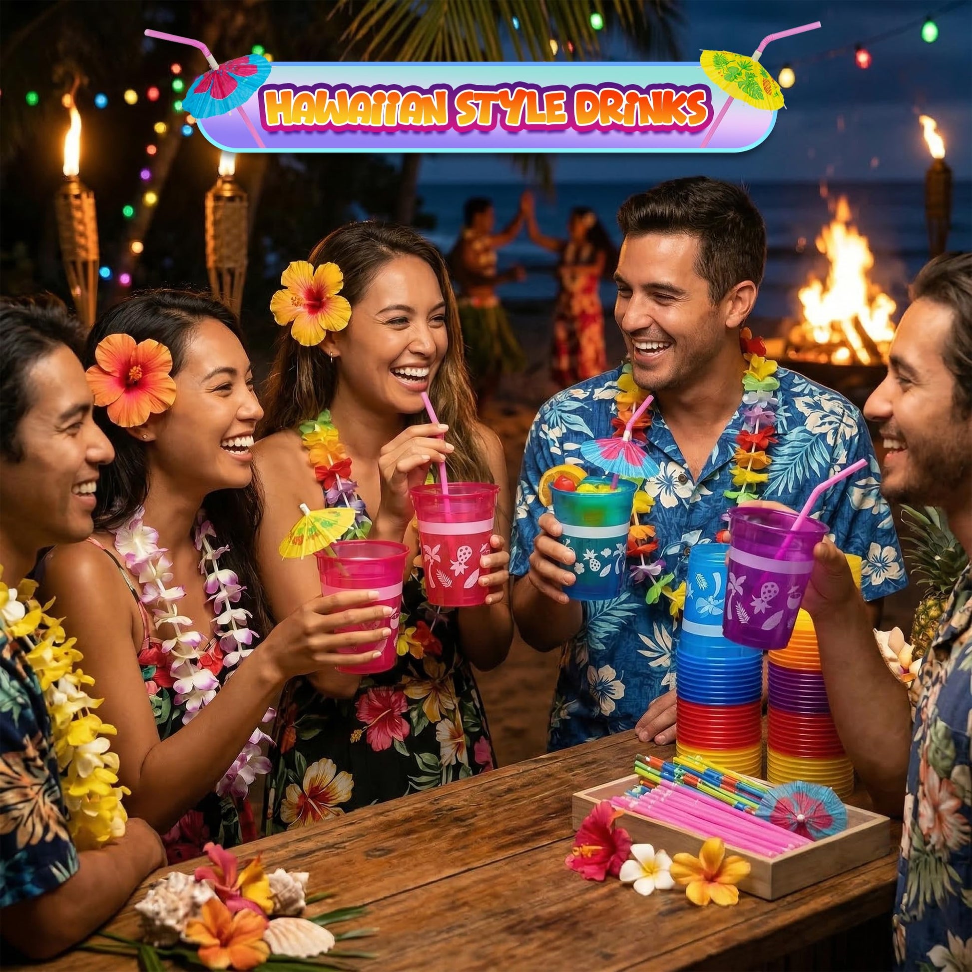 4E's Novelty 48 Packs Tropical Party Cups with Parasol Straws - Disposable Plastic Cups 16oz BPA